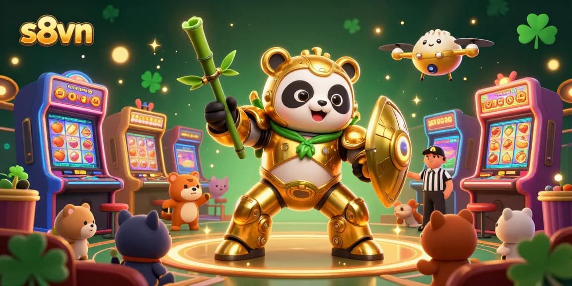Engage in thrilling casino action with s8vn's vibrant mech-suit panda and exciting slot machines.