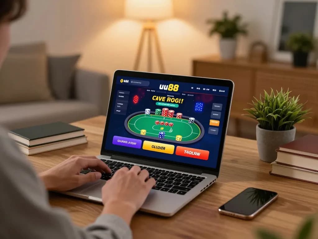 Engaging online poker gameplay on uu88 platform displayed on laptop, creating an exciting gaming atmosphere.