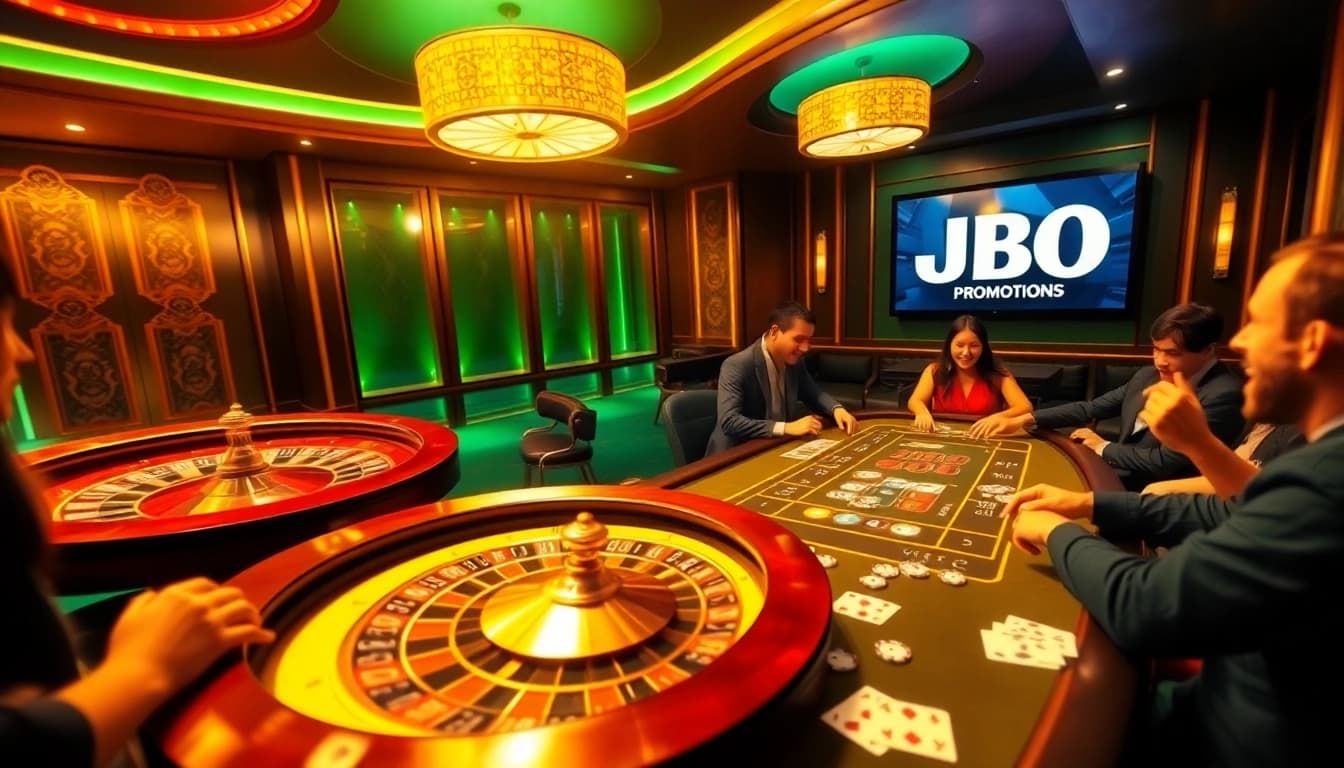 Experience the excitement at a JBO-themed casino with players at the poker table and roulette.