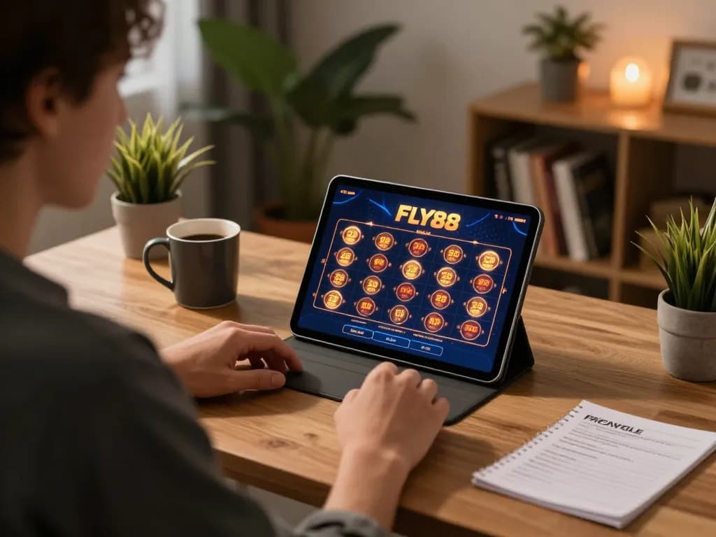 Engaging in online gaming at the trang chủ fly88, displaying a tablet with casino interface.