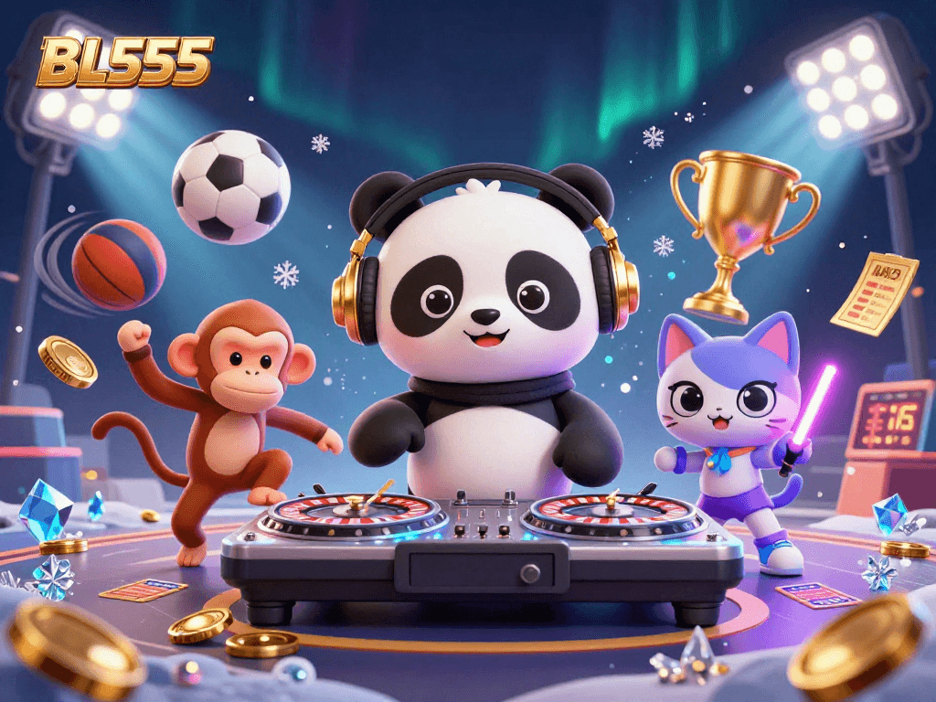 Spin into action with BL555's lively 3D cartoon DJ panda and friends celebrating exciting wins.