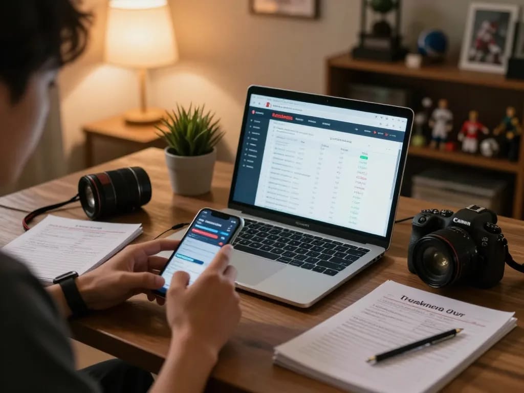 Engaging in online keobongda sports betting with laptop and smartphone in cozy home.