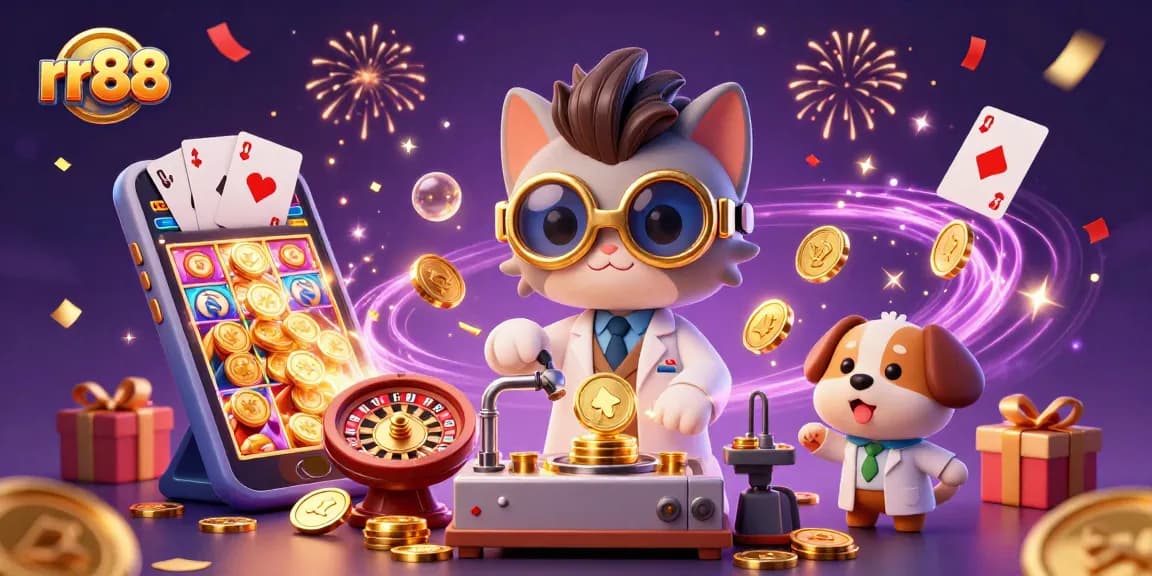 Spin and win at rr88 with vibrant casino elements, including slot games and golden coins.