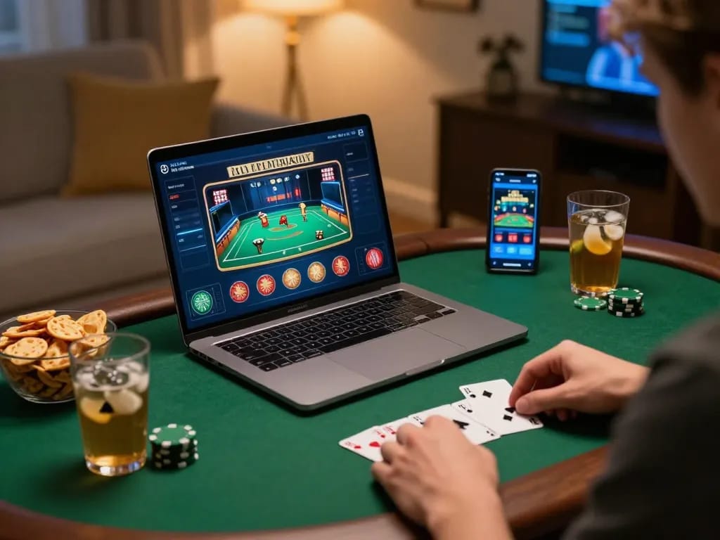 Online gambling with nhà cái xin88, a player enjoying poker on a laptop in a cozy home setting.