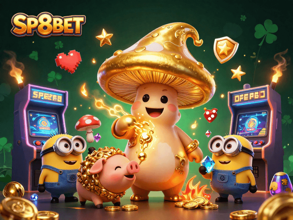 Experience SP8BET magic with a golden mushroom wizard and treasure-hunting pig in dynamic online gaming