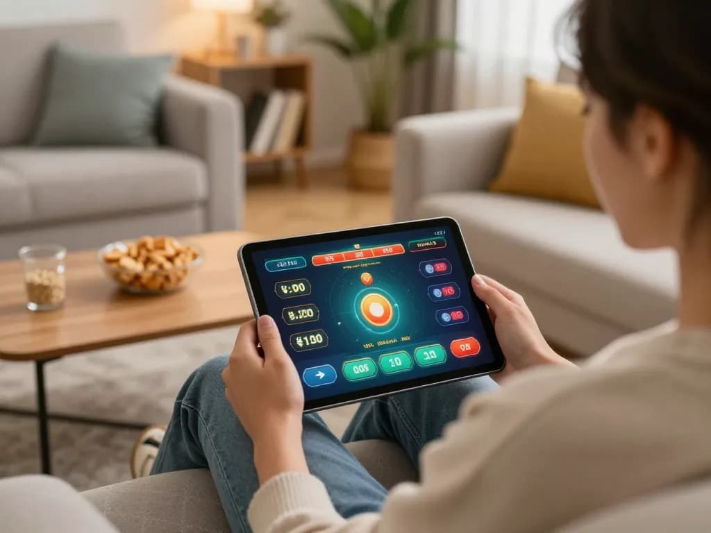 Lô Đề Uy Tín player enjoying an online betting session on tablet in cozy living room.