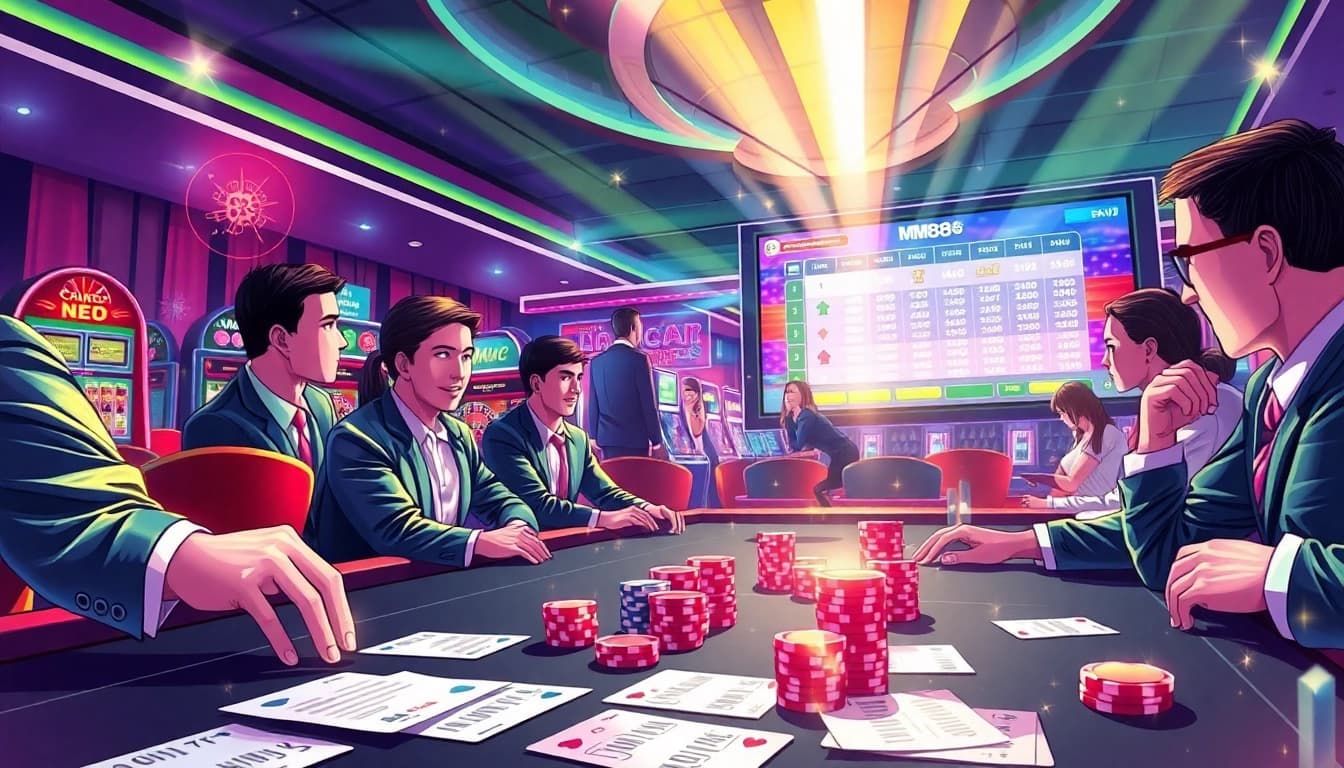 An engaging online gambling scene at https://mm88.vin/, showcasing vibrant casino tables and betting activities.