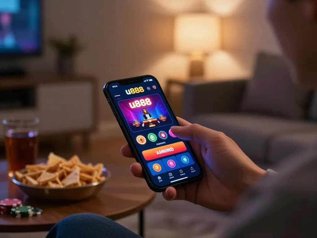 Player enjoying casino games through the u888 app in a cozy home setting.