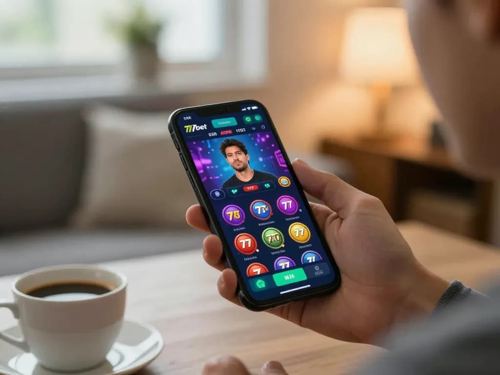Engaging with the 77bet app on a smartphone in a comfy home setting while enjoying responsible gaming.