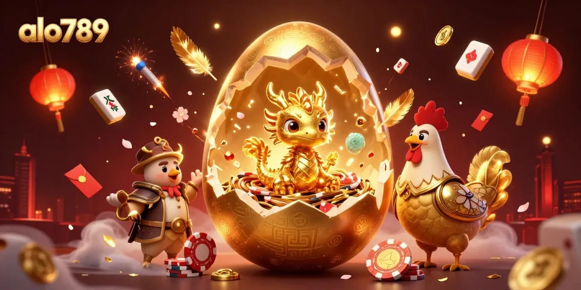 Engage with alo789 for thrilling cockfighting action, featuring a golden dragon amid poker chips and festive decorations.