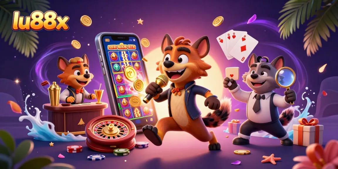 Join the comedy fun at lu88x with hyenas entertaining in a vibrant casino setting.