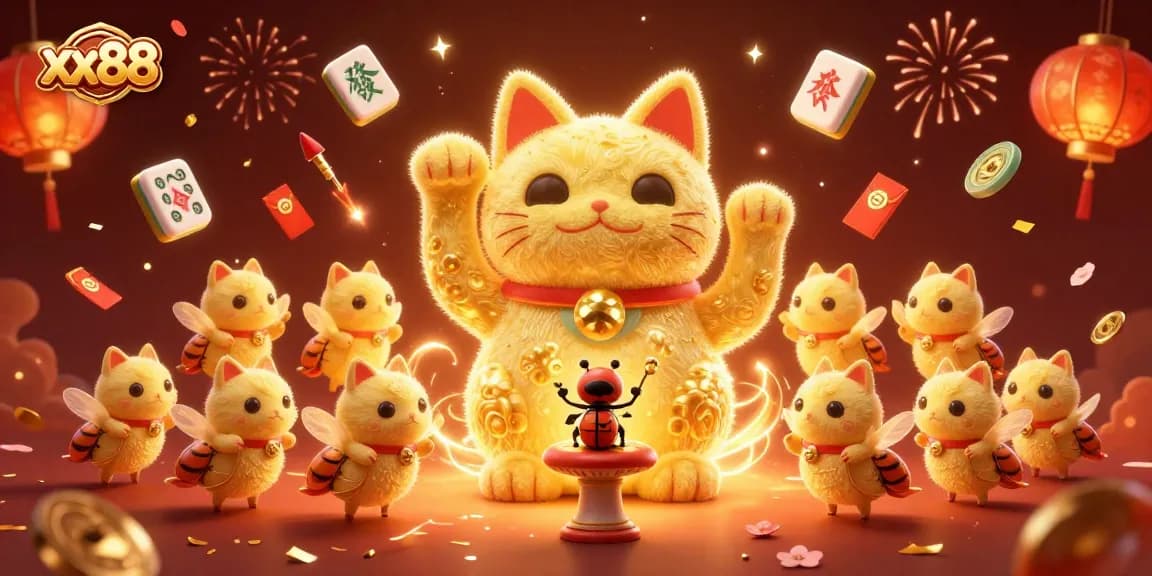 Experience the magic of xx88 with a 3D lucky cat and vibrant casino symbols swarming in celebration.
