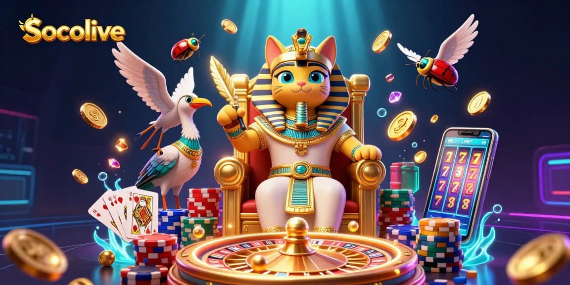 Socolive showcases a vibrant scene with a pharaoh cat, sparkling gems, and dynamic gambling elements.