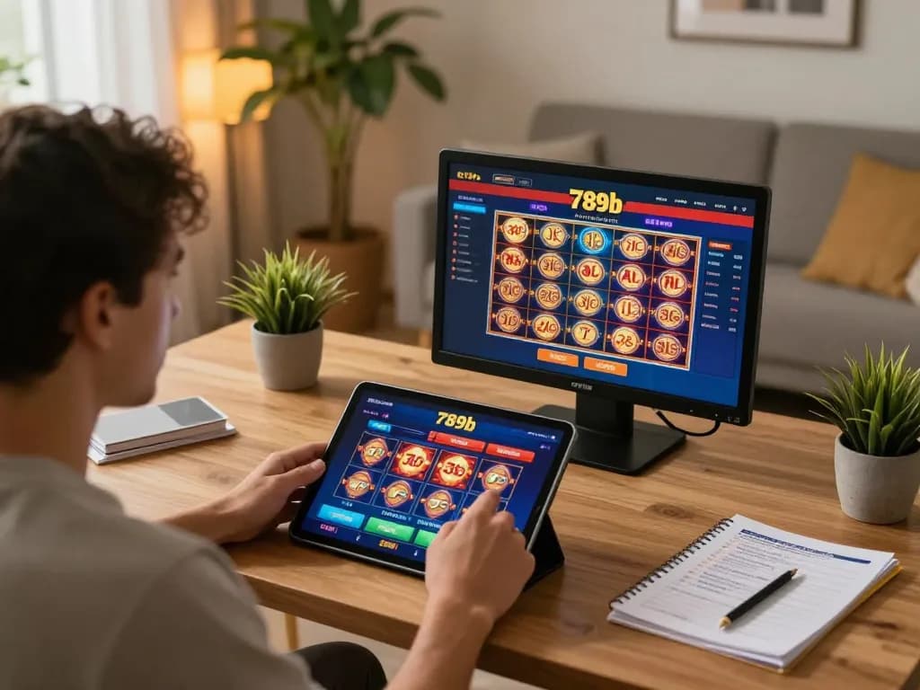 Engaging player enjoying 789b casino gaming on tablet at home with stylish decor