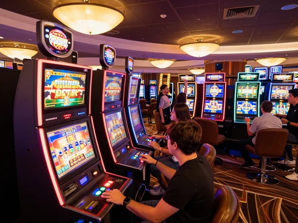 Players enjoying the lively slot machines at F8bet casino, filled with excitement and colorful screens.