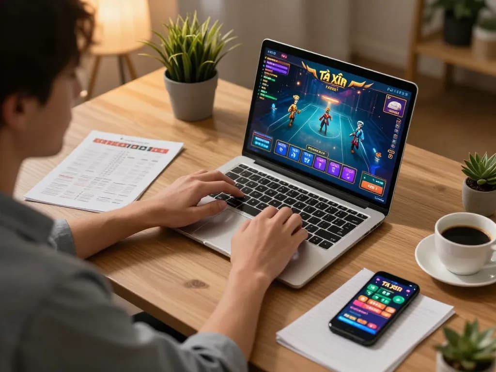 Engaged player enjoying Tài Xỉu MD5 bet on laptop, showcasing a cozy home gaming setup.
