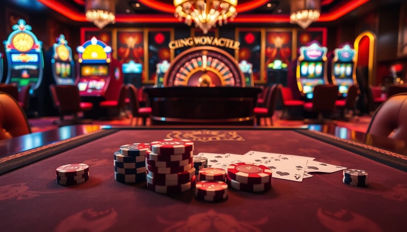 Engage in thrilling gaming at Cổng game B52 with poker chips and vibrant cards.