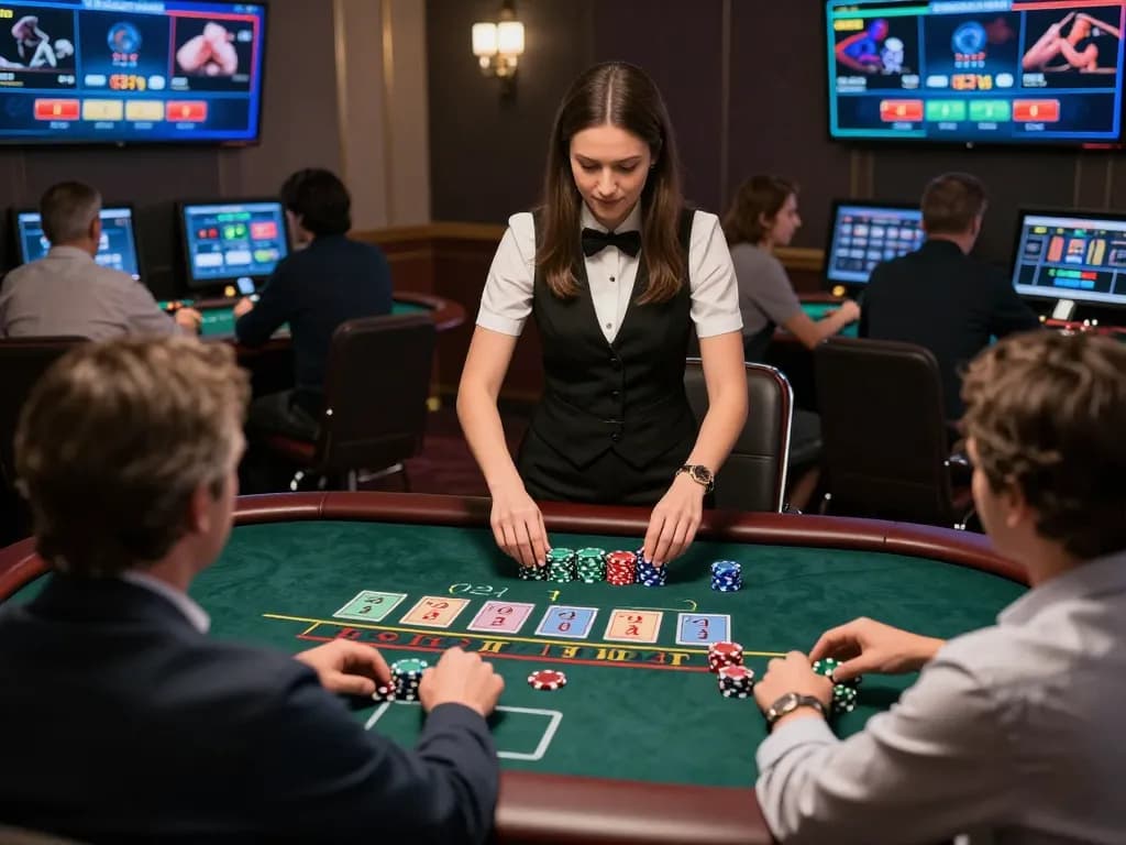 FLY88 online blackjack table with professional dealer and engaged players in smart attire