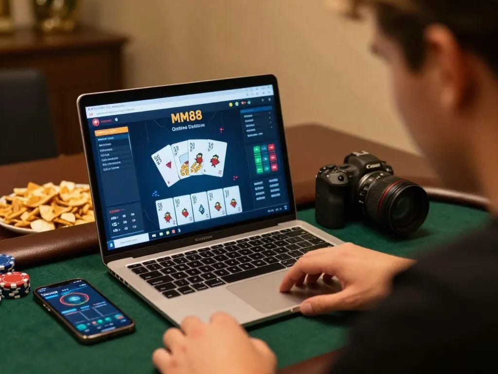 Player strategizing on MM88 poker game with laptop and smartphone in cozy home setting