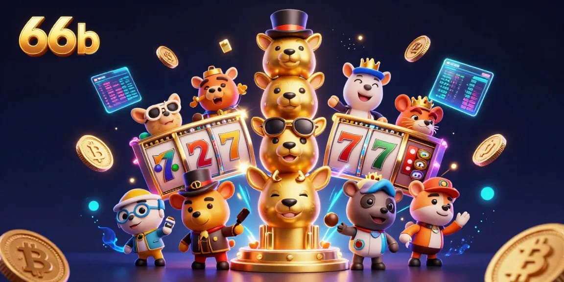 Experience thrilling slots at 66b with a vibrant totem pole and crypto coins in a dynamic casino scene.