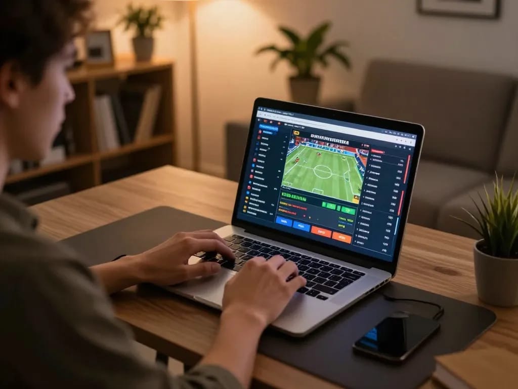 Person engaged in sports betting through nhà cái sin88 on laptop at home.