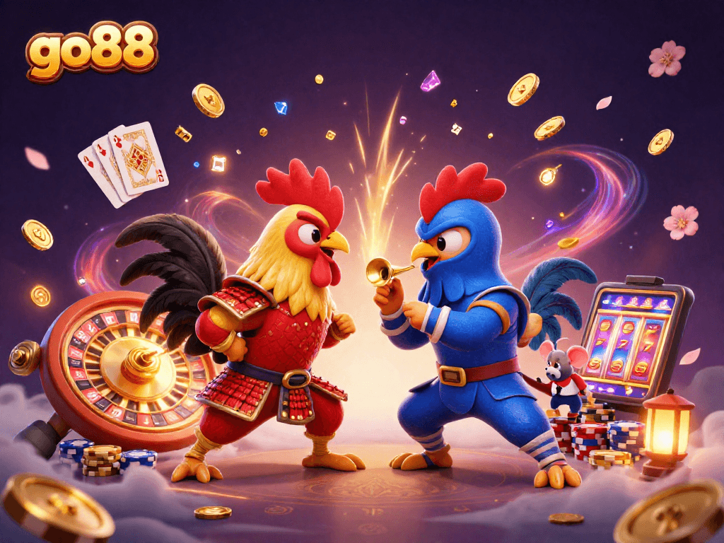 Experience the thrill of go88 with animated roosters in a dynamic casino showdown.