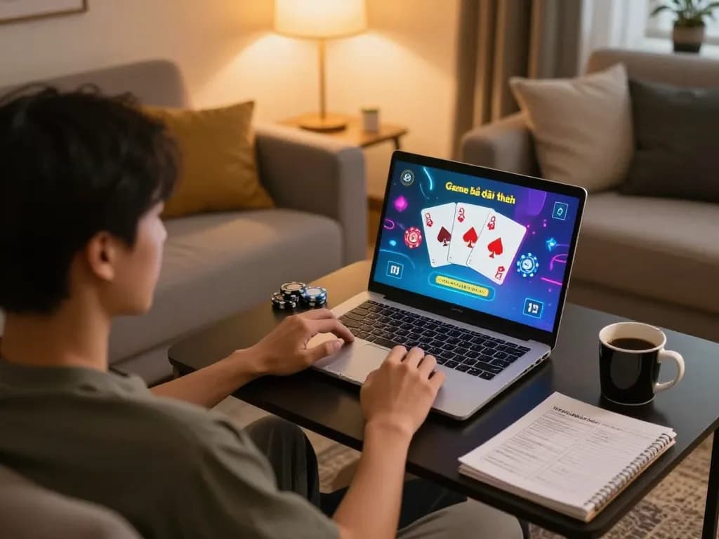 Engaging in Game bài đổi thưởng online from a cozy home gaming setup, showcasing poker cards and strategy notes.