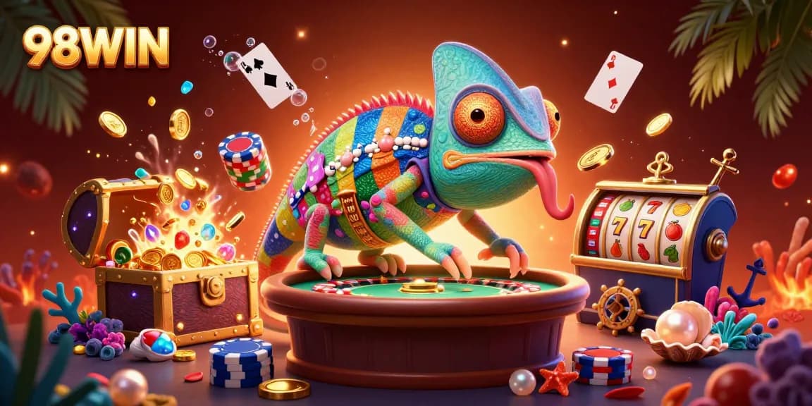 Engaging casino scene featuring 98WIN's vibrant chameleon character catching coins in a packed setting.