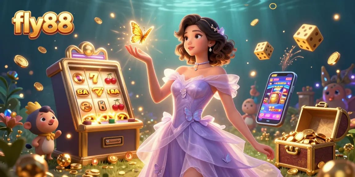 Engage with thrilling games at fly88, featuring vibrant slot machines, gold coins, and exciting casino elements.