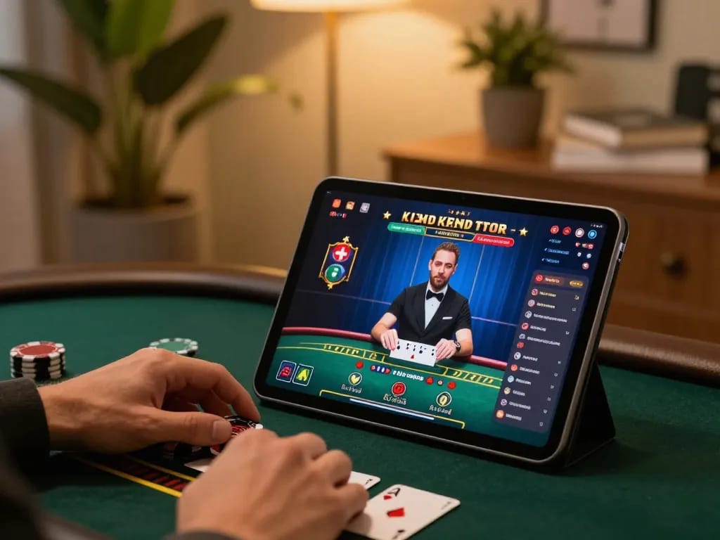 Play blackjack online with 23win on a tablet in a warm, interactive gaming setup.