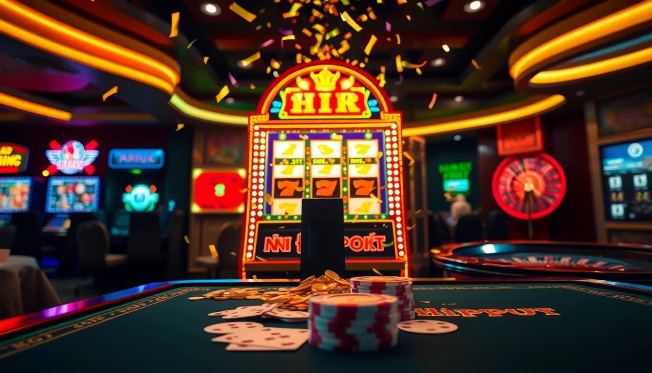 Player wins on a nổ hũ slot machine, surrounded by vibrant casino elements and festive confetti.