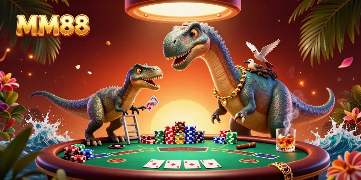 Experience MM88's dynamic casino action with a brontosaurus, clever raptor, and vibrant poker elements.