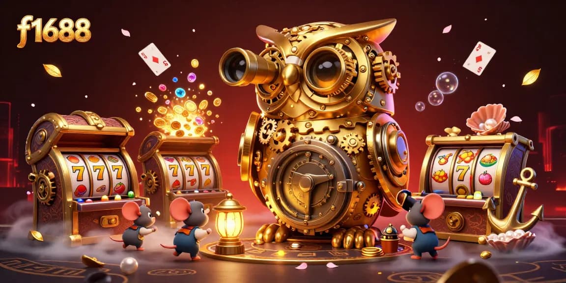 Experience thrilling action at f1688 casino with vibrant slot games, a golden owl, and explosive treasure.