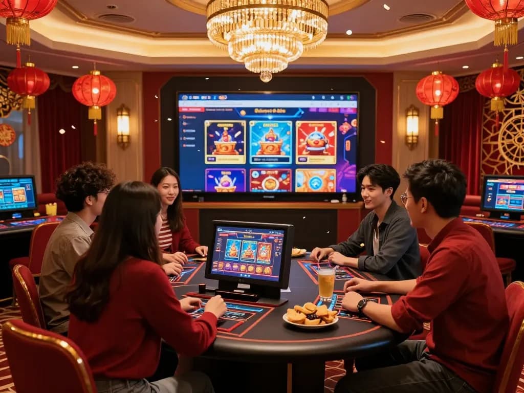 Players enjoying 8kbet promotions in a vibrant Lunar New Year gaming atmosphere with red and gold decorations.