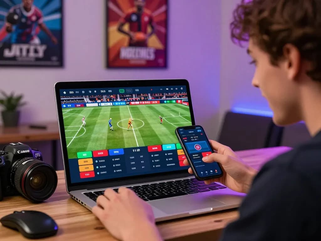 Thể thao Goal123 user engaging in live sports betting on mobile and laptop interface, showcasing dynamic online gambling experience.