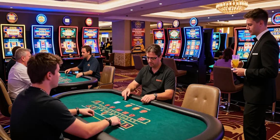Engaging scene at an online casino featured on https://ccrm.org.uk/ with players enjoying blackjack and vibrant slot machines.