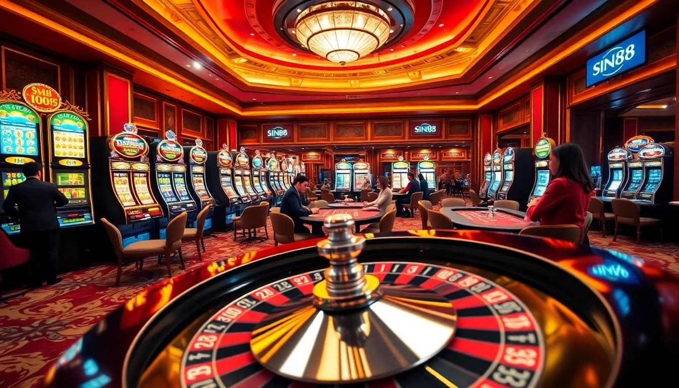 SIN88 casino scene with roulette wheel, poker tables, and vibrant slot machines in a luxurious setting.