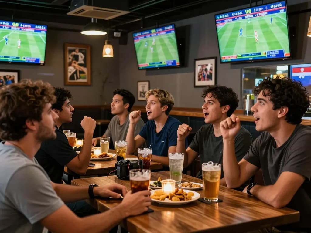 Socolive bóng đá enthusiasts engaging in screening sports betting at a vibrant sports bar.