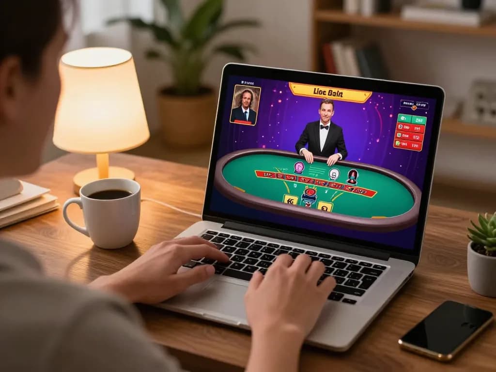 Engaging in live blackjack gameplay on laptop via https://mm88.reisen/ in a cozy home setup