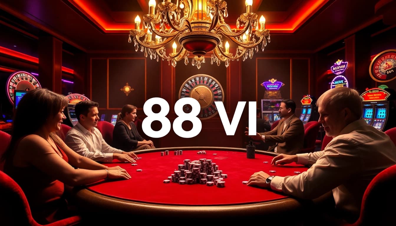 Players enjoying a thrilling poker game at 888VI's luxurious casino.
