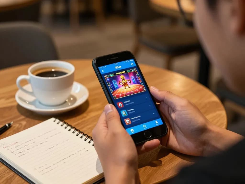 Tải app 9bet being accessed on a smartphone at a coffee shop, showcasing vibrant online casino gaming.