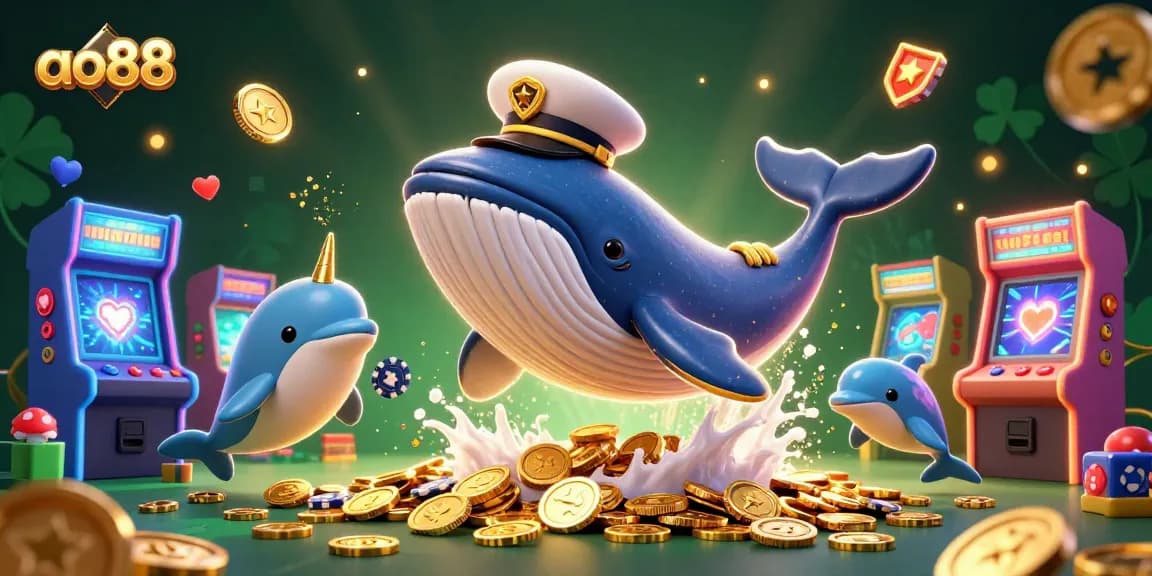 Engage with ao88's colorful gaming scene featuring a cartoon whale, narwhal, and dolphins.