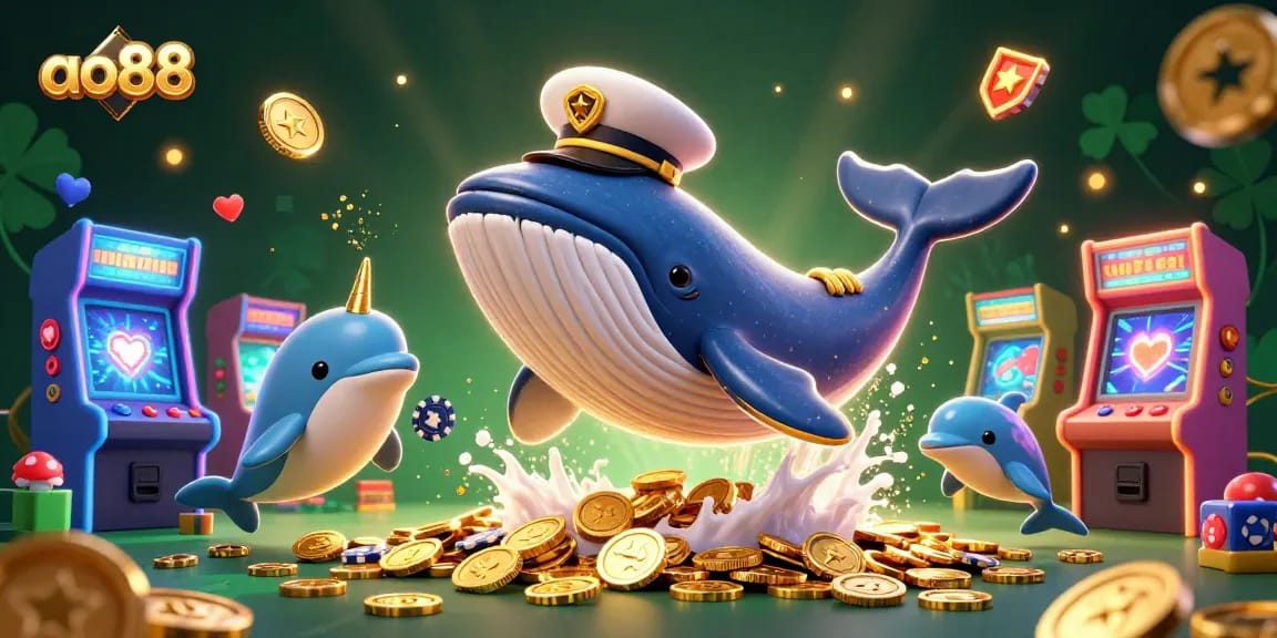 Engage with ao88's colorful gaming scene featuring a cartoon whale, narwhal, and dolphins.