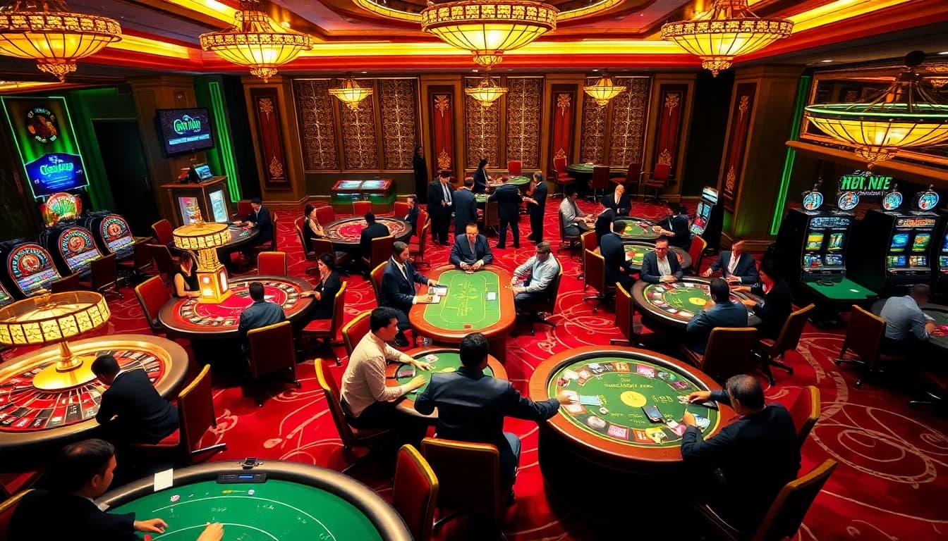 Players enjoying various table games at Nhà cái 23win's luxurious casino environment.