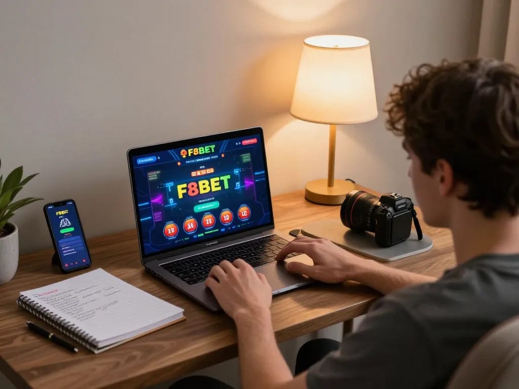 Engaging with F8BET online casino game on a laptop in a cozy home office.