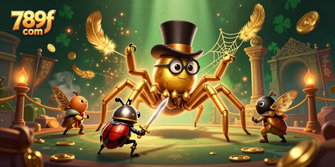 Experience thrilling adventures at 789f com with a giant tarantula weaving golden webs in a vibrant casino.