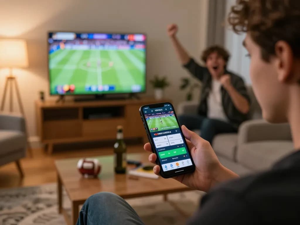Engaging in live sports betting on the VMAX app via smartphone in a lively home setting.