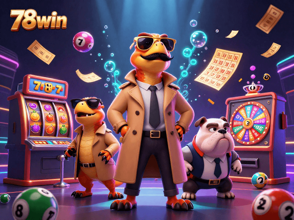 Engage with 78win's thrilling VIP casino atmosphere featuring cartoon raptors amidst slot machines and excitement.