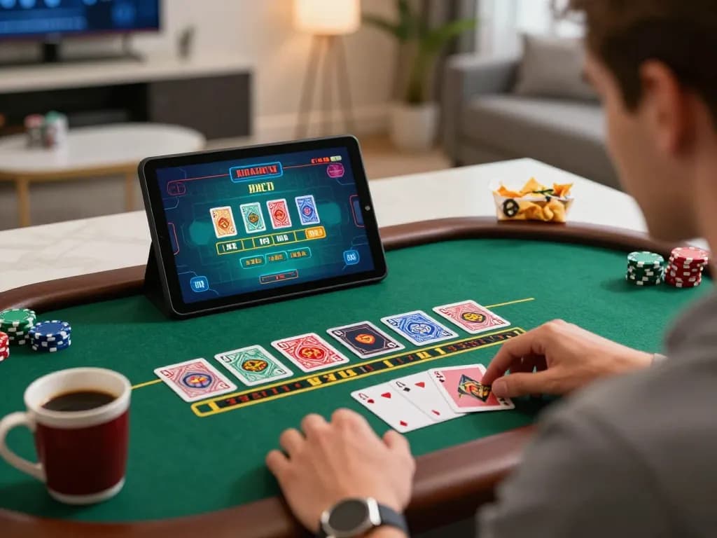 Player at home engaging with bl555 online blackjack, showcasing focused gameplay and strategy.