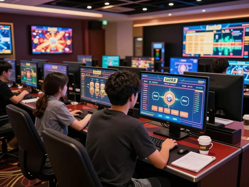 Engaging in luck8 bet online gaming with multiple screens displaying various casino games.
